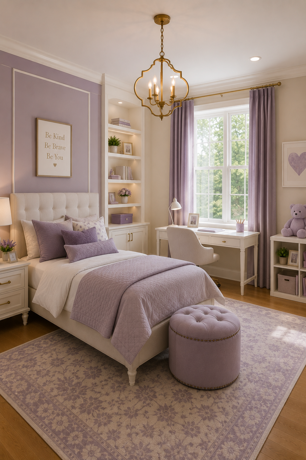 Child's bedroom with bed, area rug, and desk