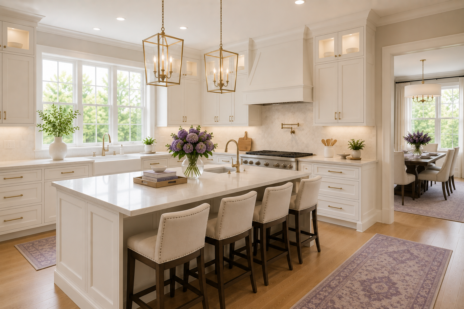 Luxury kitchen with island, bar stools, and adjoining dining room