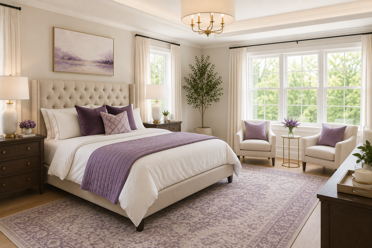 Luxury primary bedroom with bed, seating area, rug, and nightstand