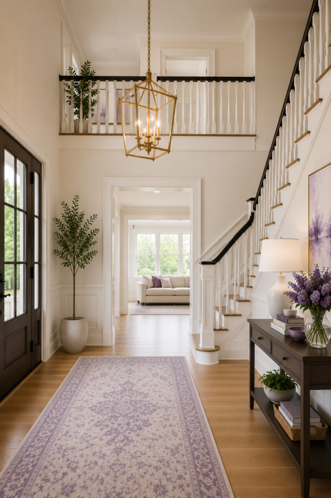 Luxury home foyer with staircase and overlooking loft